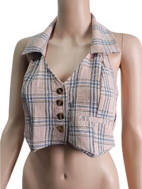 NWT Baby Pink Plaid Halter Collared Crop Top Vest Size Medium Stretch